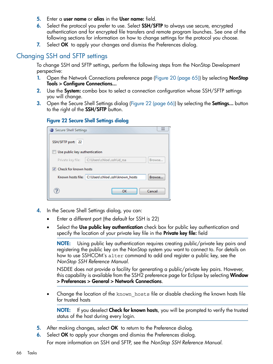 Changing ssh and sftp settings, Secure shell settings dialog | HP Integrity NonStop H-Series User Manual | Page 66 / 159