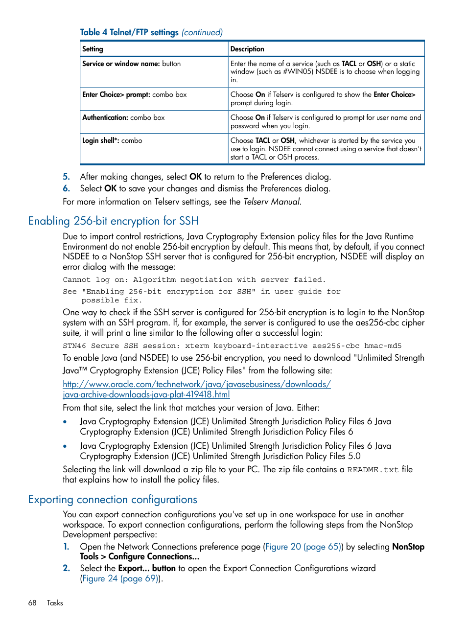 Enabling 256-bit encryption for ssh, Exporting connection configurations | HP Integrity NonStop H-Series User Manual | Page 68 / 159