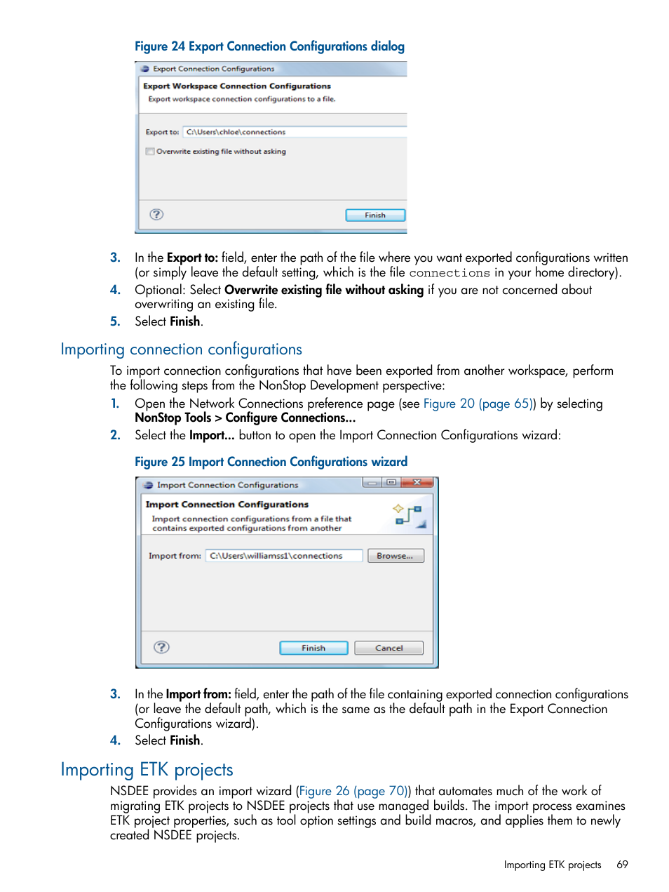 Importing connection configurations, Importing etk projects, Export connection configurations dialog | Import connection configurations wizard | HP Integrity NonStop H-Series User Manual | Page 69 / 159