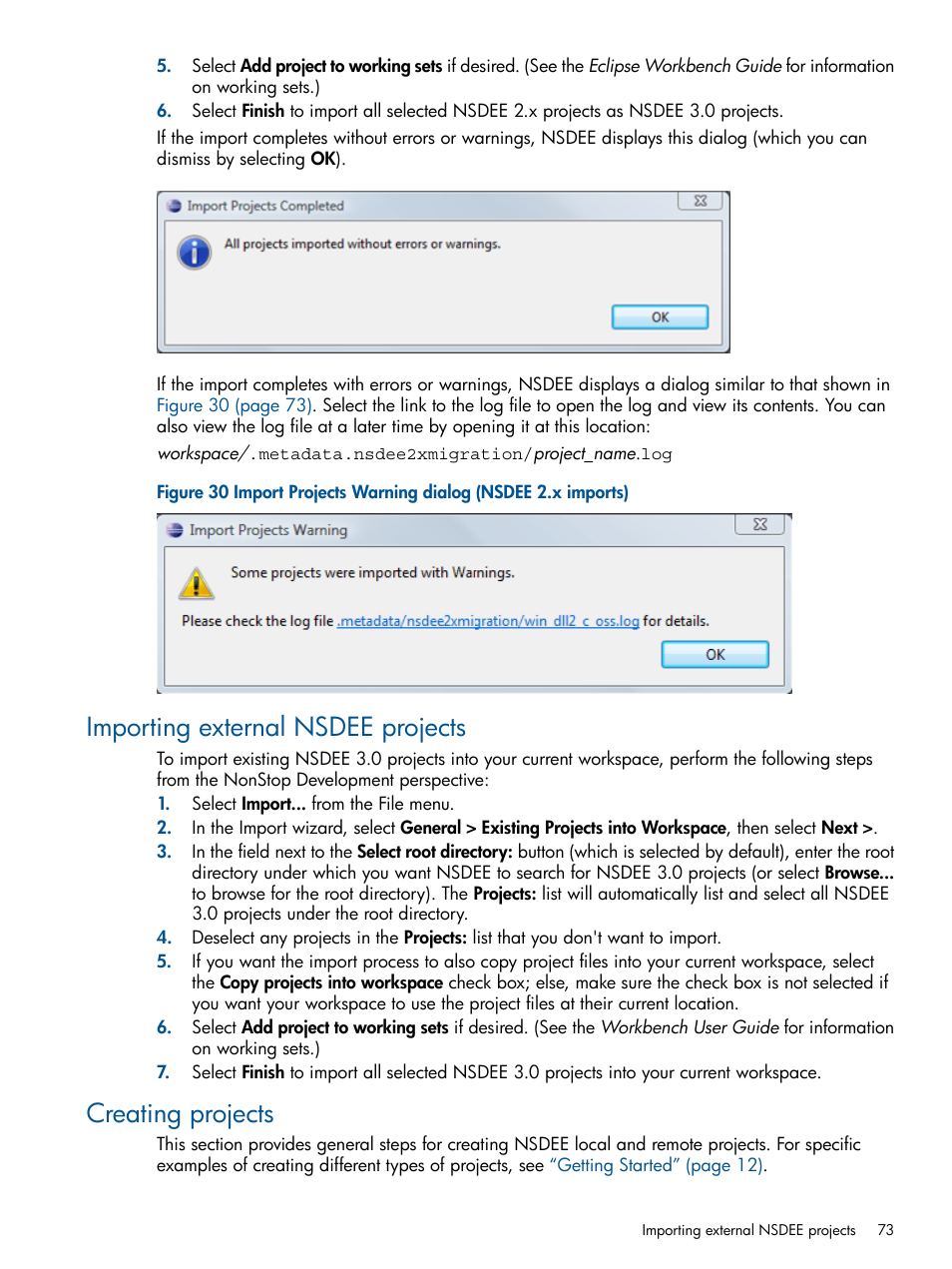 Importing external nsdee projects, Creating projects, Import projects warning dialog (nsdee 2.x imports) | HP Integrity NonStop H-Series User Manual | Page 73 / 159