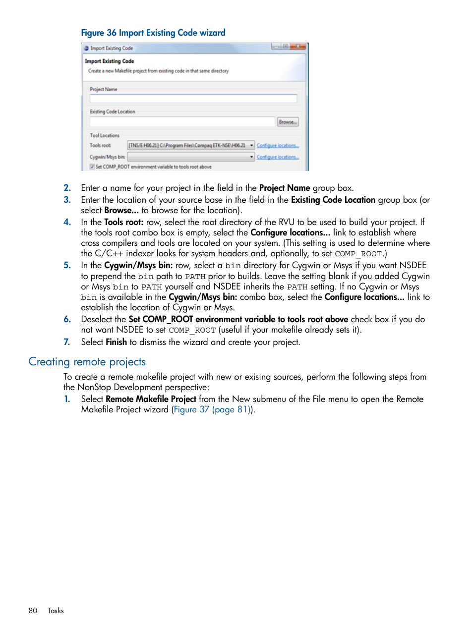 Creating remote projects, Import existing code wizard | HP Integrity NonStop H-Series User Manual | Page 80 / 159