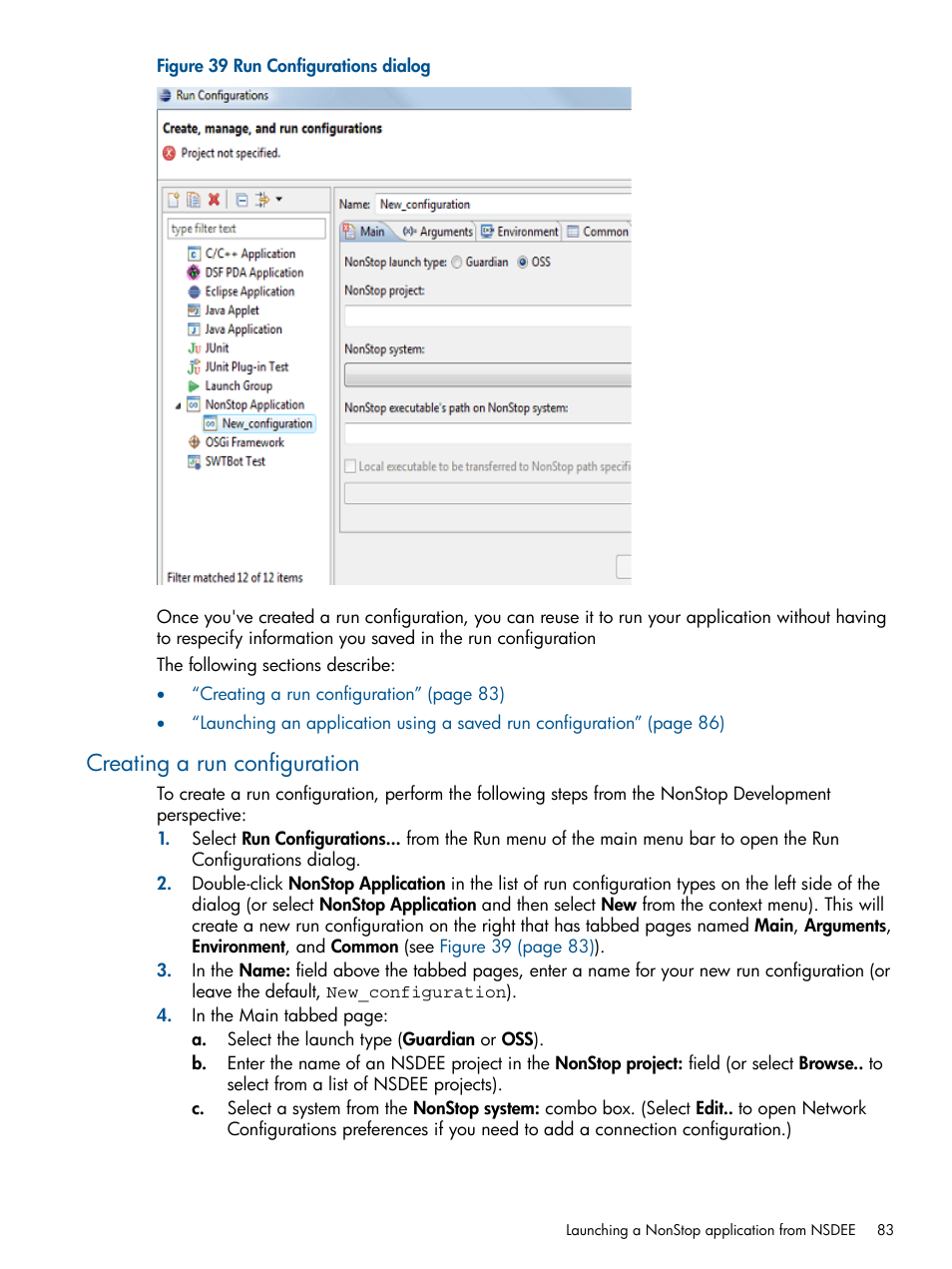 Creating a run configuration, Run configurations dialog | HP Integrity NonStop H-Series User Manual | Page 83 / 159