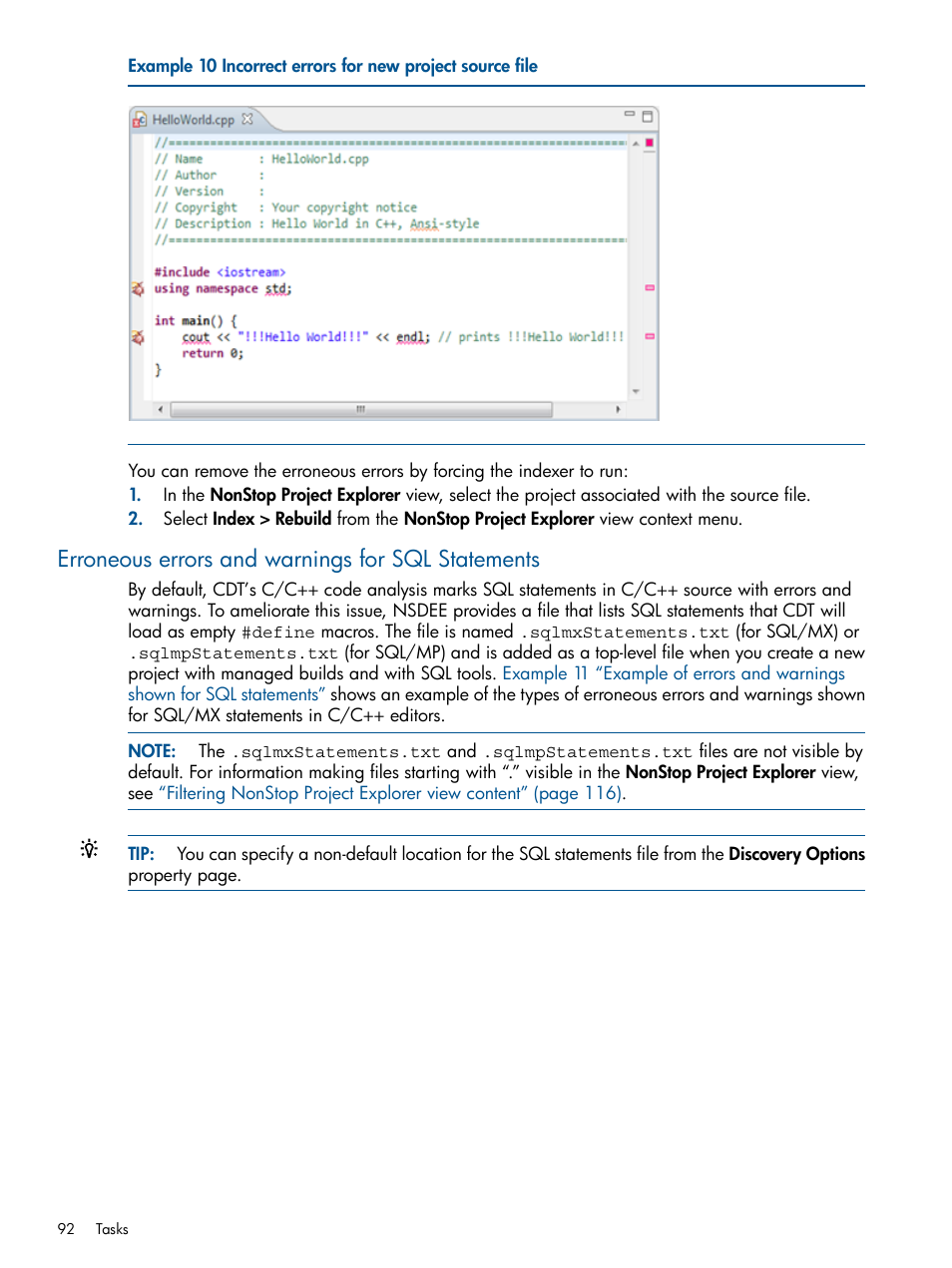 Erroneous errors and warnings for sql statements, Incorrect errors for new project source file | HP Integrity NonStop H-Series User Manual | Page 92 / 159