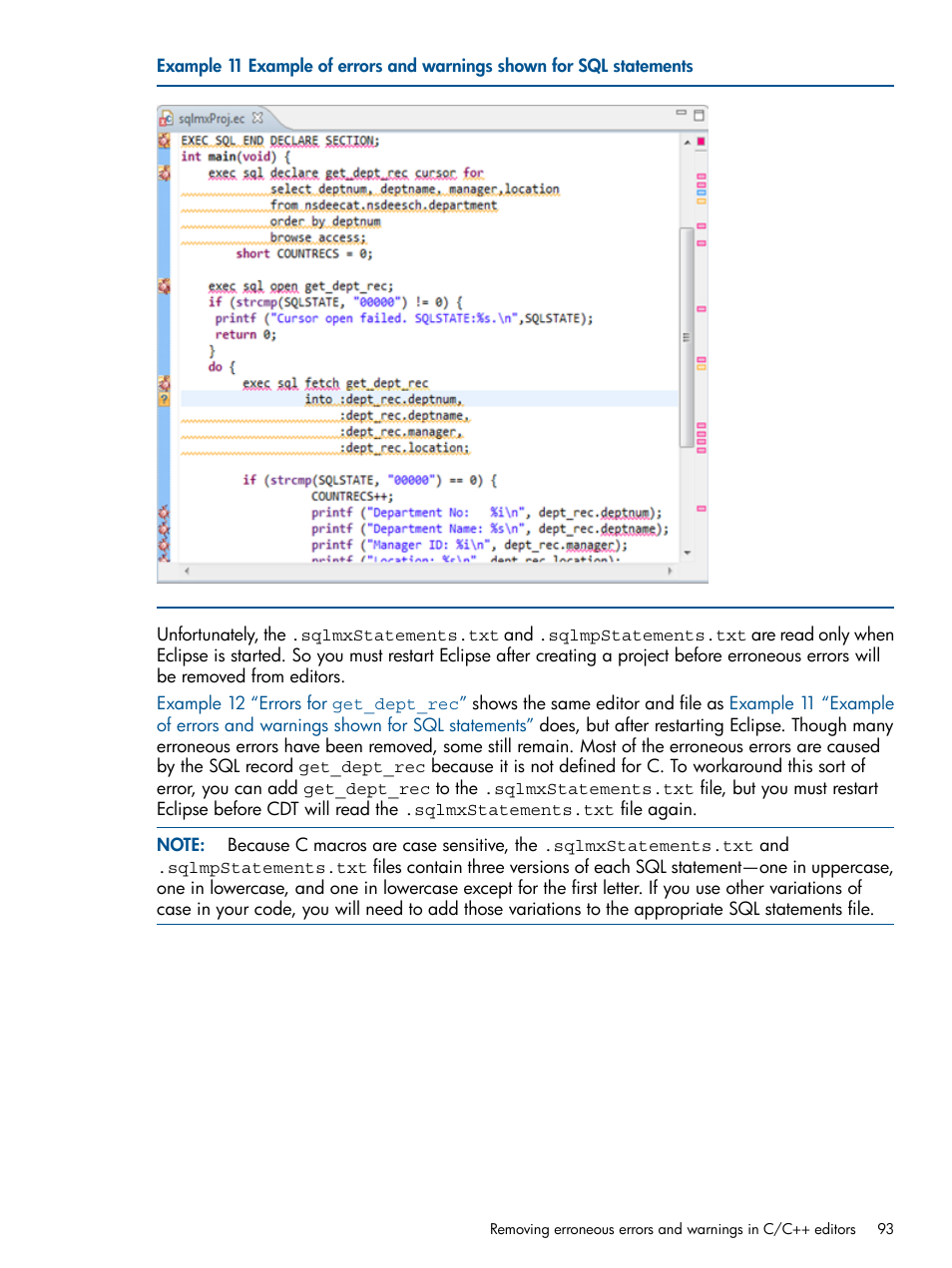 Example 11 “example of errors and warnings, Shown for sql statements | HP Integrity NonStop H-Series User Manual | Page 93 / 159