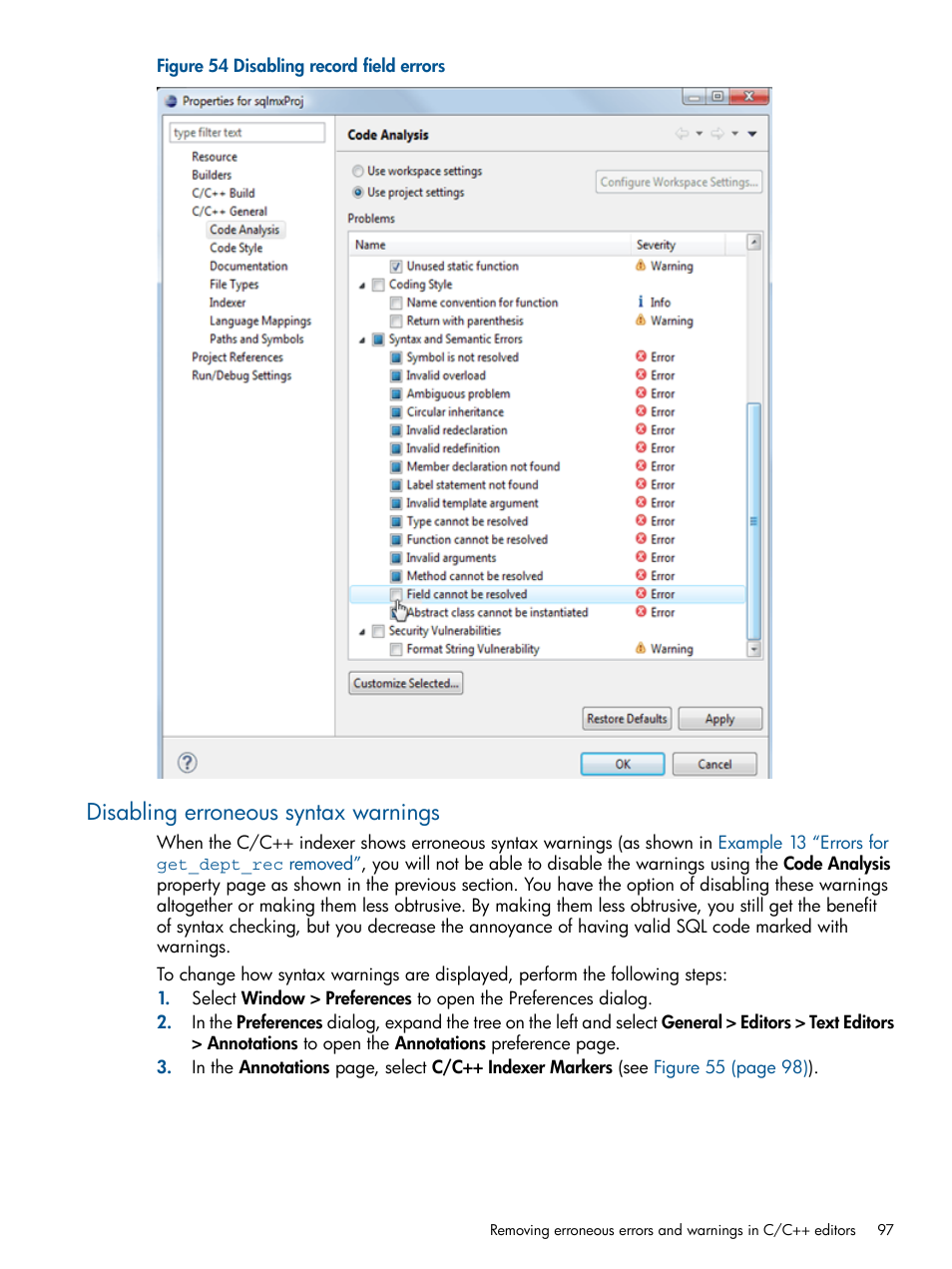 Disabling erroneous syntax warnings, Disabling record field errors | HP Integrity NonStop H-Series User Manual | Page 97 / 159