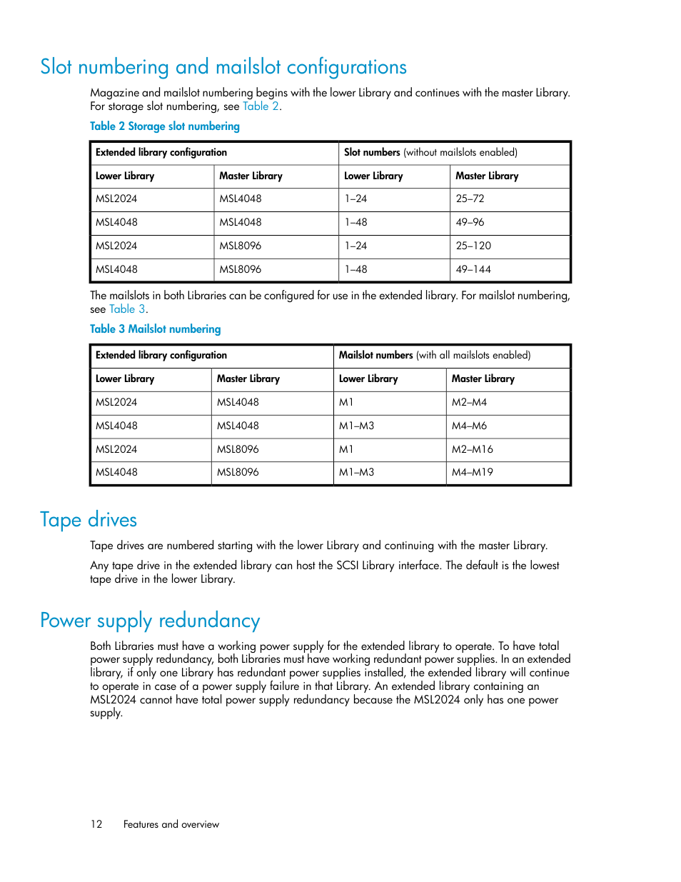 Slot numbering and mailslot configurations, Tape drives, Power supply redundancy | 12 tape drives, 12 power supply redundancy, Storage slot numbering, Mailslot numbering | HP StoreEver MSL Tape Libraries User Manual | Page 12 / 96