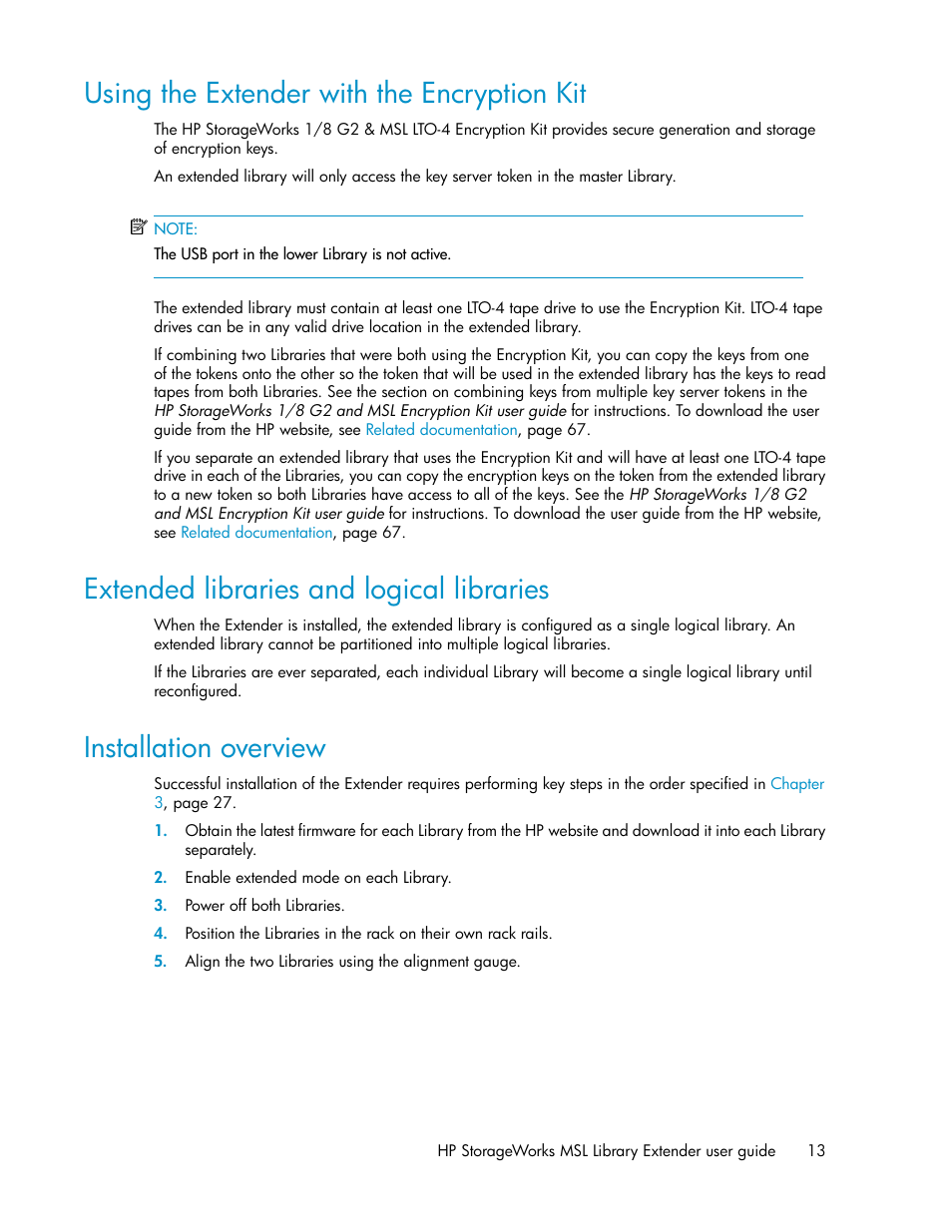 Using the extender with the encryption kit, Extended libraries and logical libraries, Installation overview | 13 extended libraries and logical libraries, 13 installation overview | HP StoreEver MSL Tape Libraries User Manual | Page 13 / 96