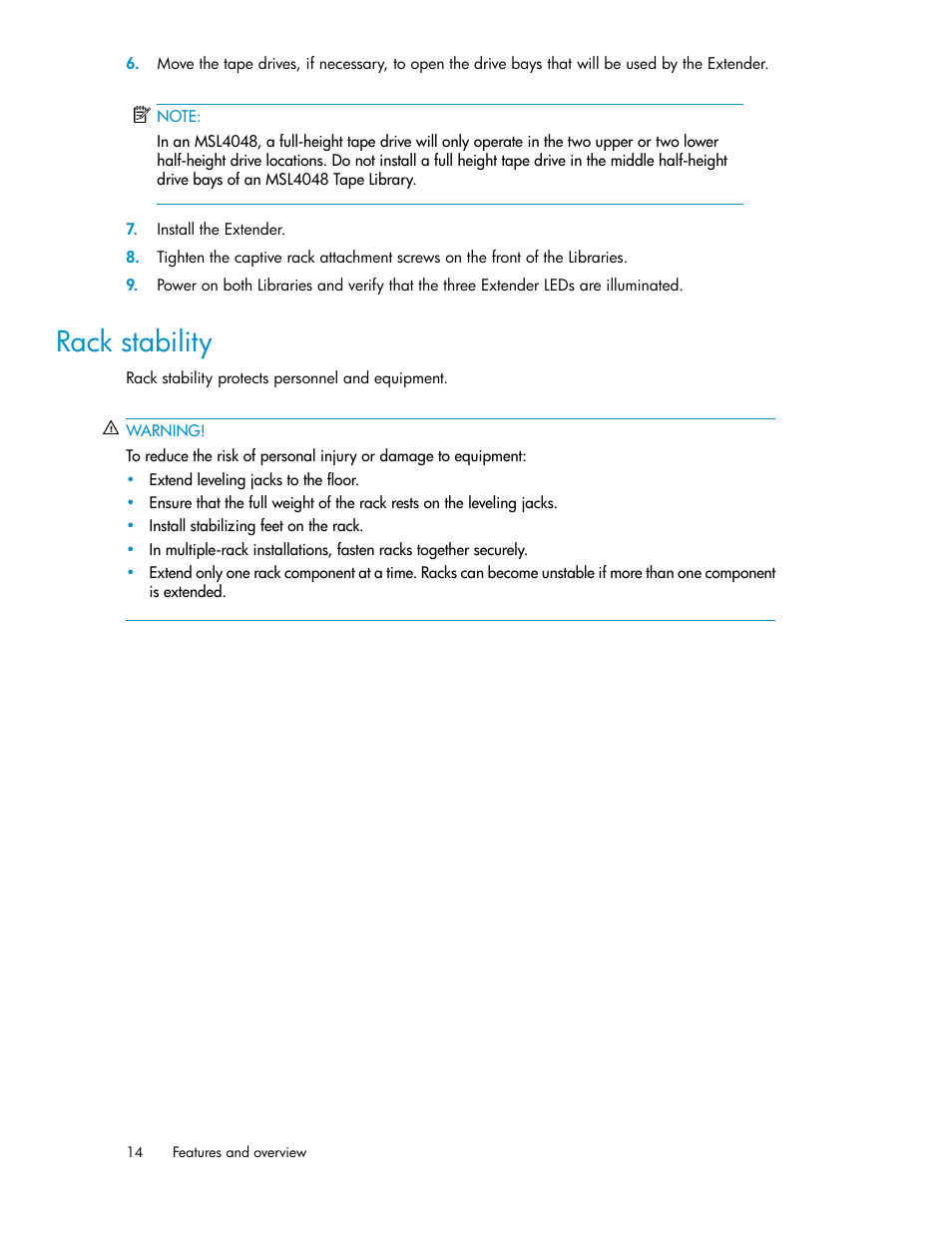 Rack stability | HP StoreEver MSL Tape Libraries User Manual | Page 14 / 96