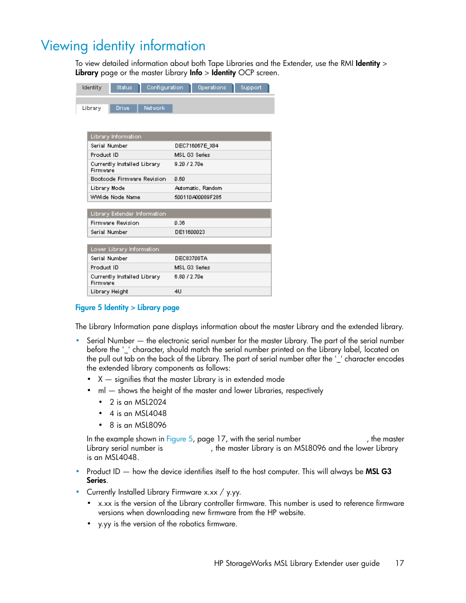 Viewing identity information | HP StoreEver MSL Tape Libraries User Manual | Page 17 / 96