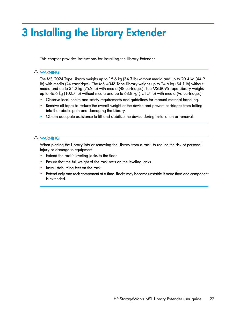 3 installing the library extender, Chapter, Chapter 3 | HP StoreEver MSL Tape Libraries User Manual | Page 27 / 96