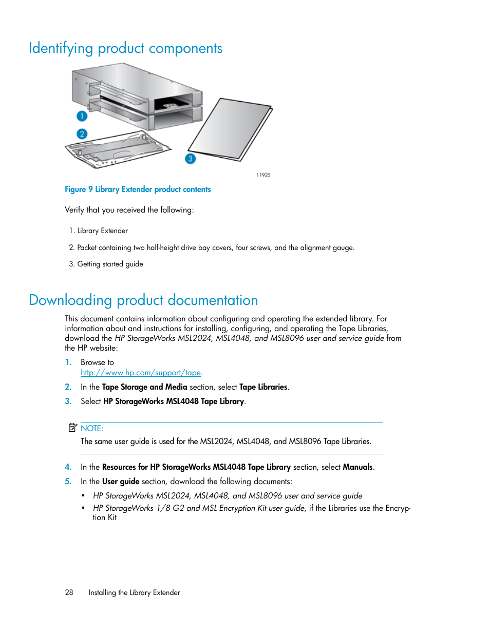 Identifying product components, Downloading product documentation, 28 downloading product documentation | Library extender product contents | HP StoreEver MSL Tape Libraries User Manual | Page 28 / 96