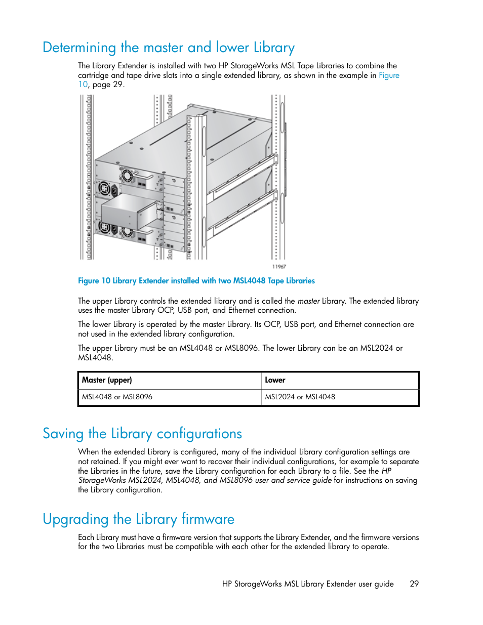 Determining the master and lower library, Saving the library configurations, Upgrading the library firmware | 29 saving the library configurations, 29 upgrading the library firmware | HP StoreEver MSL Tape Libraries User Manual | Page 29 / 96