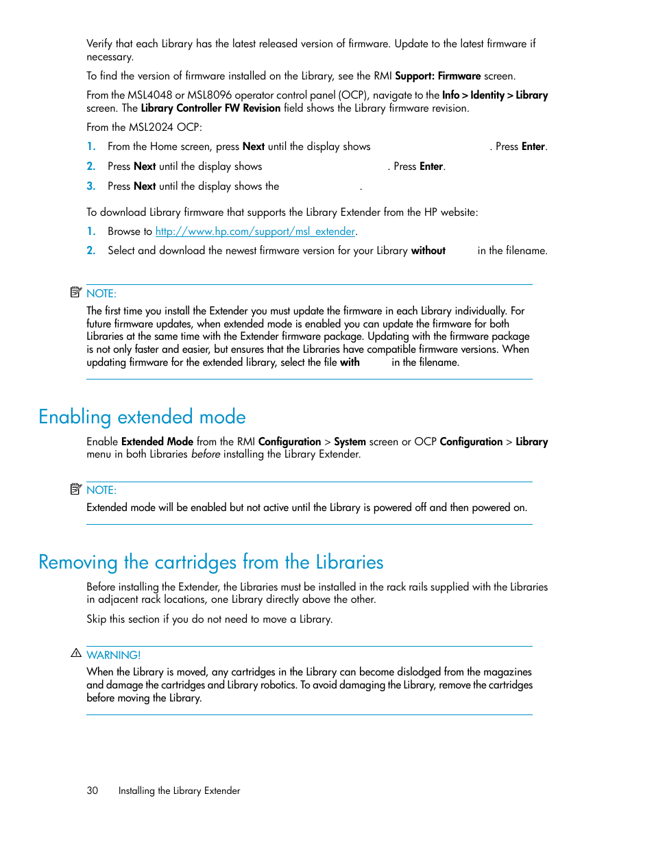 Enabling extended mode, Removing the cartridges from the libraries, 30 removing the cartridges from the libraries | HP StoreEver MSL Tape Libraries User Manual | Page 30 / 96