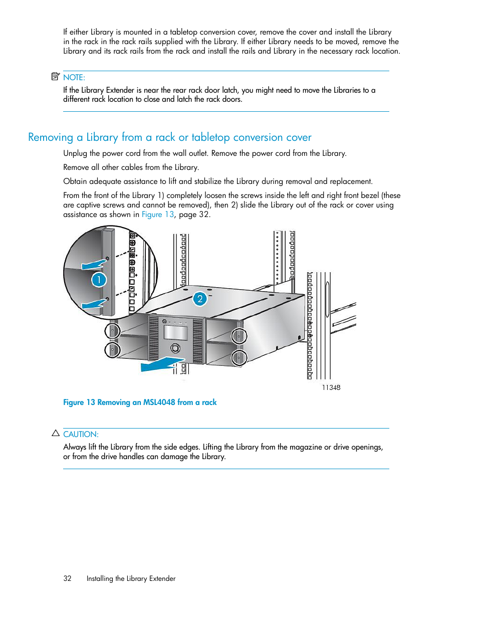Removing an msl4048 from a rack | HP StoreEver MSL Tape Libraries User Manual | Page 32 / 96