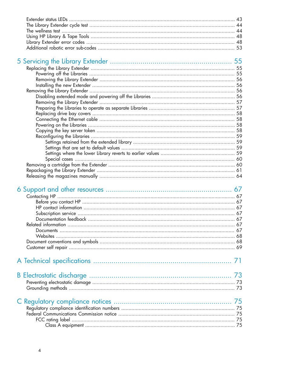 5 servicing the library extender, 6 support and other resources, C regulatory compliance notices | HP StoreEver MSL Tape Libraries User Manual | Page 4 / 96