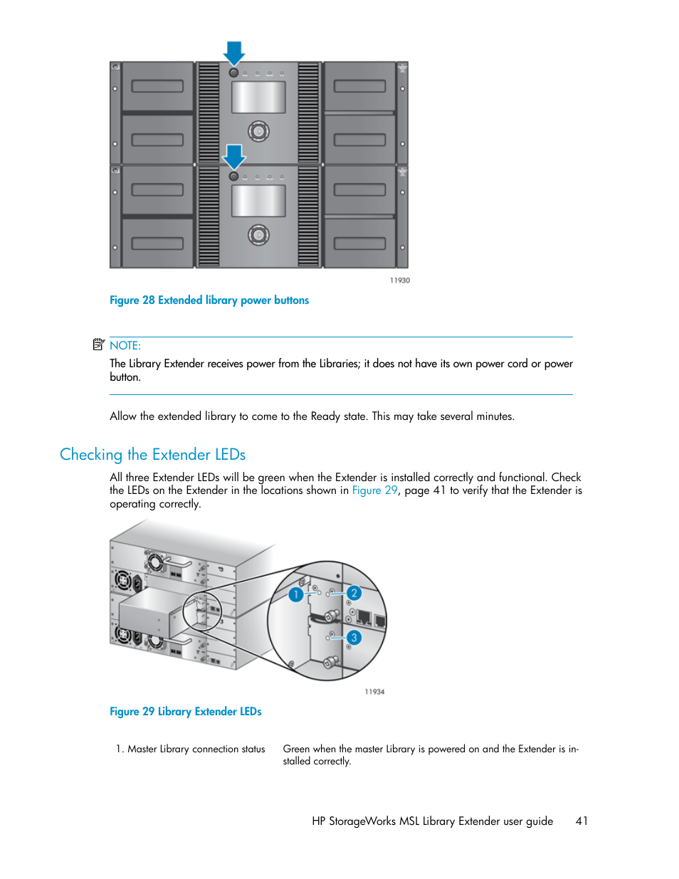 Checking the extender leds, Extended library power buttons, Library extender leds | Figure 28 | HP StoreEver MSL Tape Libraries User Manual | Page 41 / 96