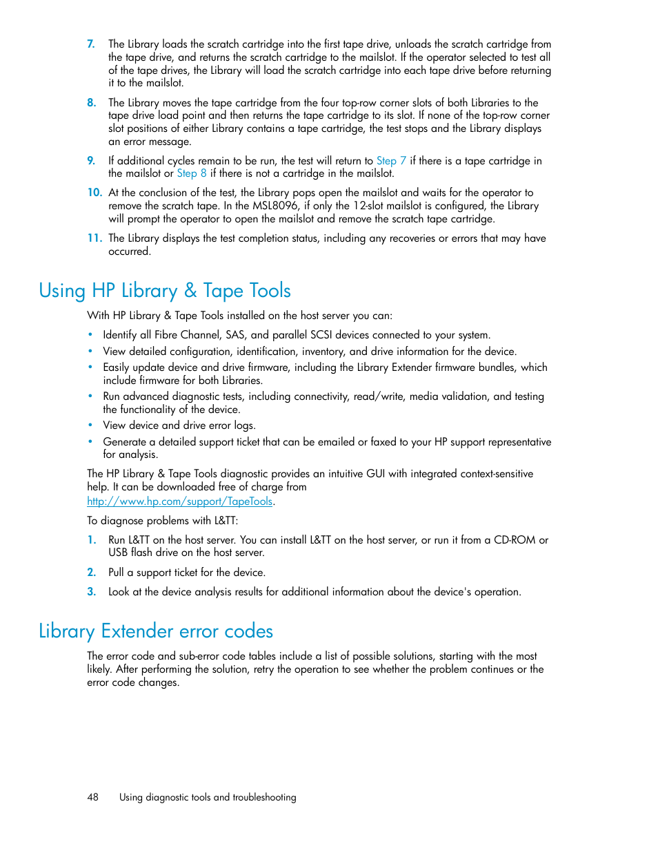 Using hp library & tape tools, Library extender error codes, 48 library extender error codes | HP StoreEver MSL Tape Libraries User Manual | Page 48 / 96