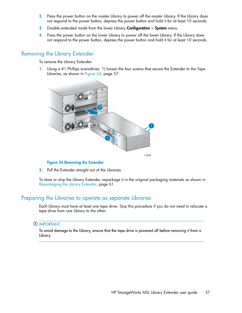 Removing the library extender, Removing the extender | HP StoreEver MSL Tape Libraries User Manual | Page 57 / 96