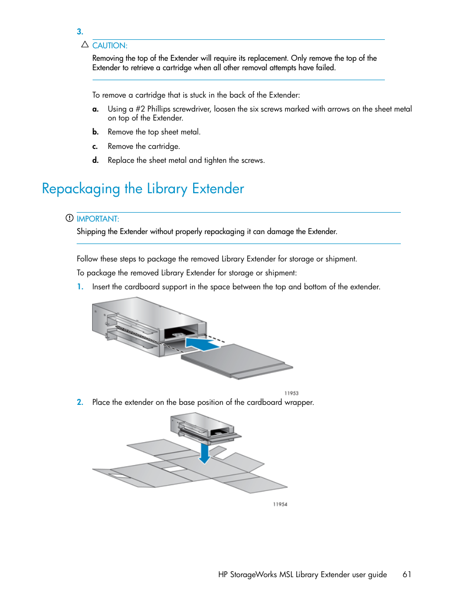 Repackaging the library extender | HP StoreEver MSL Tape Libraries User Manual | Page 61 / 96