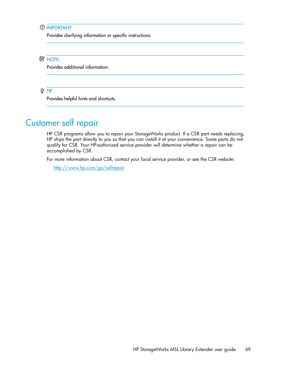 Customer self repair | HP StoreEver MSL Tape Libraries User Manual | Page 69 / 96