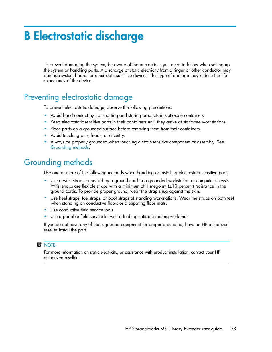 B electrostatic discharge, Preventing electrostatic damage, Grounding methods | 73 grounding methods | HP StoreEver MSL Tape Libraries User Manual | Page 73 / 96