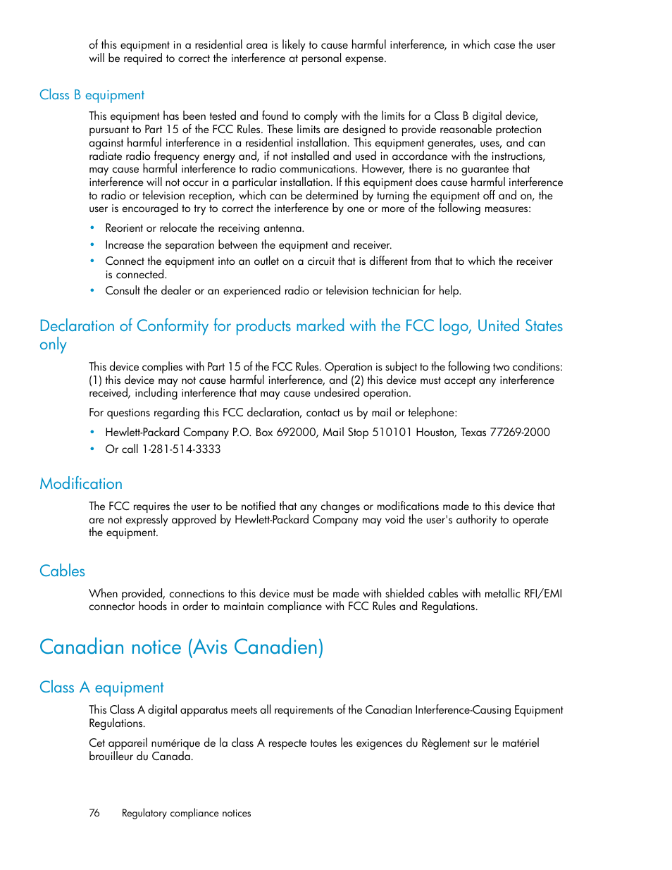 Class b equipment, Modification, Cables | Canadian notice (avis canadien), Class a equipment, 76 modification, 76 cables | HP StoreEver MSL Tape Libraries User Manual | Page 76 / 96