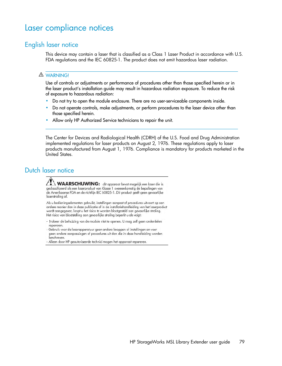 Laser compliance notices, English laser notice, Dutch laser notice | 79 dutch laser notice | HP StoreEver MSL Tape Libraries User Manual | Page 79 / 96