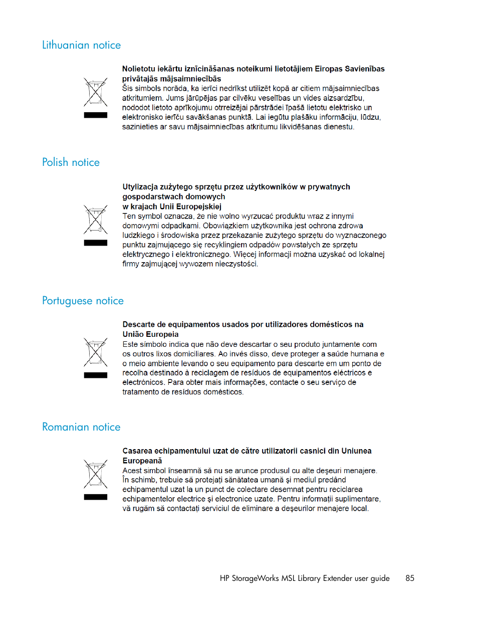 Lithuanian notice, Polish notice, Portuguese notice | Romanian notice, 85 polish notice, 85 portuguese notice, 85 romanian notice | HP StoreEver MSL Tape Libraries User Manual | Page 85 / 96