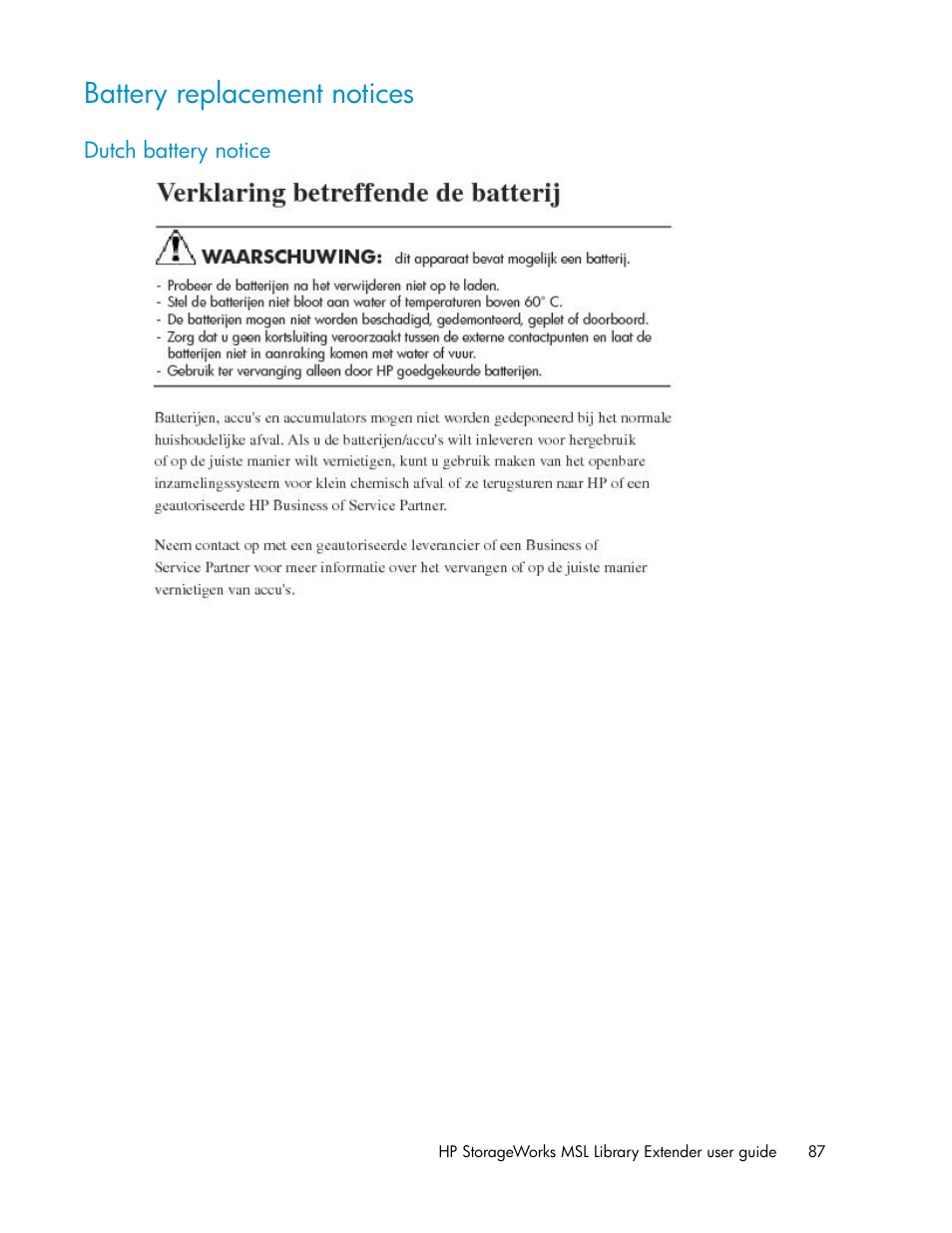 Battery replacement notices, Dutch battery notice | HP StoreEver MSL Tape Libraries User Manual | Page 87 / 96