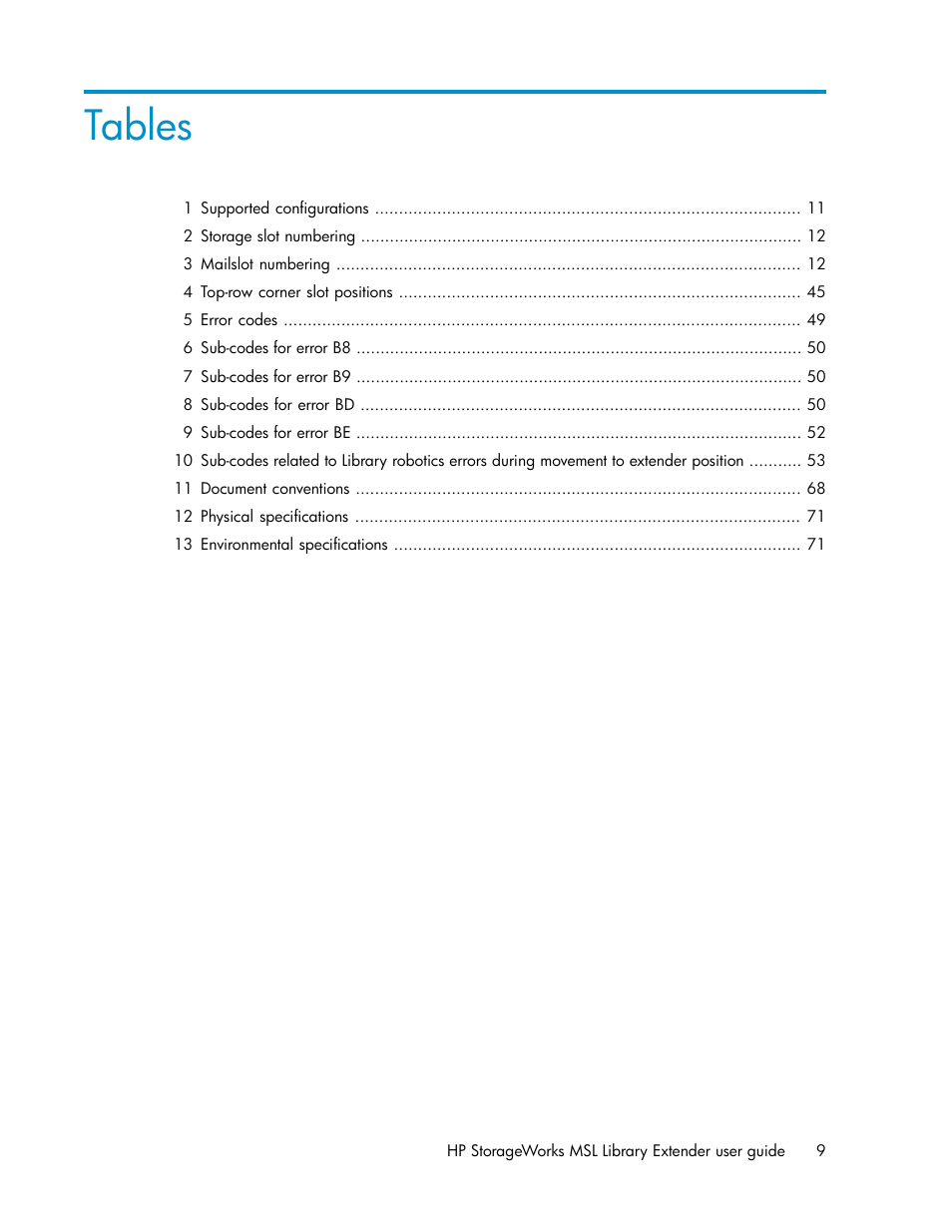 Tables | HP StoreEver MSL Tape Libraries User Manual | Page 9 / 96