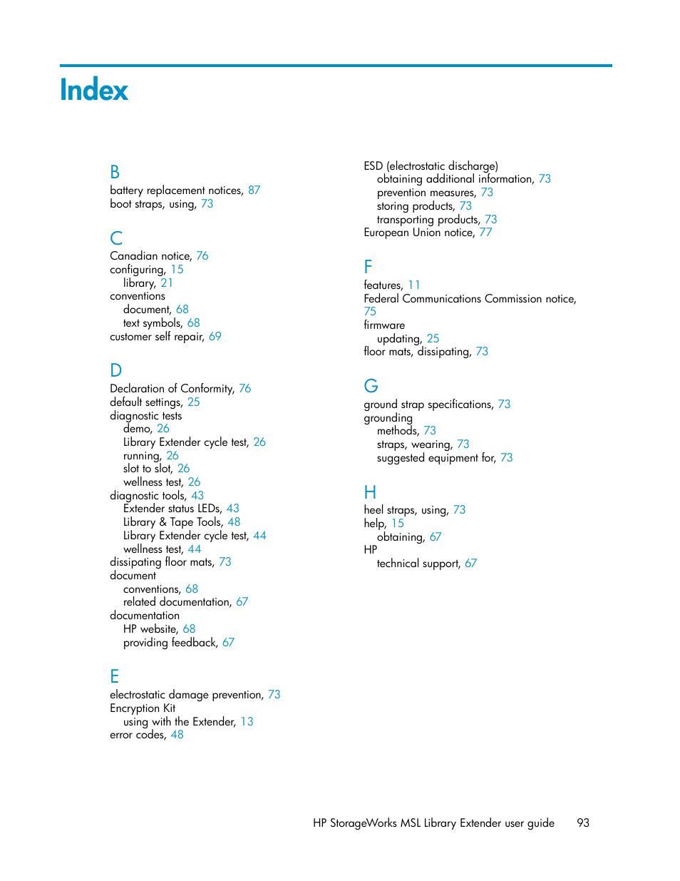 Index | HP StoreEver MSL Tape Libraries User Manual | Page 93 / 96