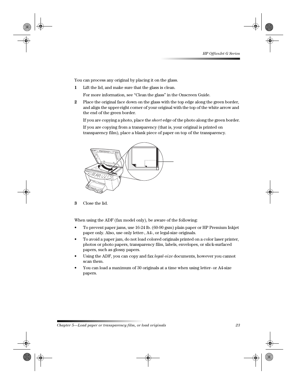 Load originals on the glass | HP Officejet g55 All-in-One Printer User Manual | Page 27 / 58