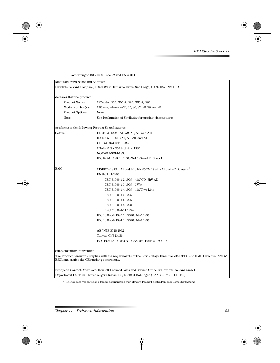 Declaration of conformity | HP Officejet g55 All-in-One Printer User Manual | Page 53 / 58