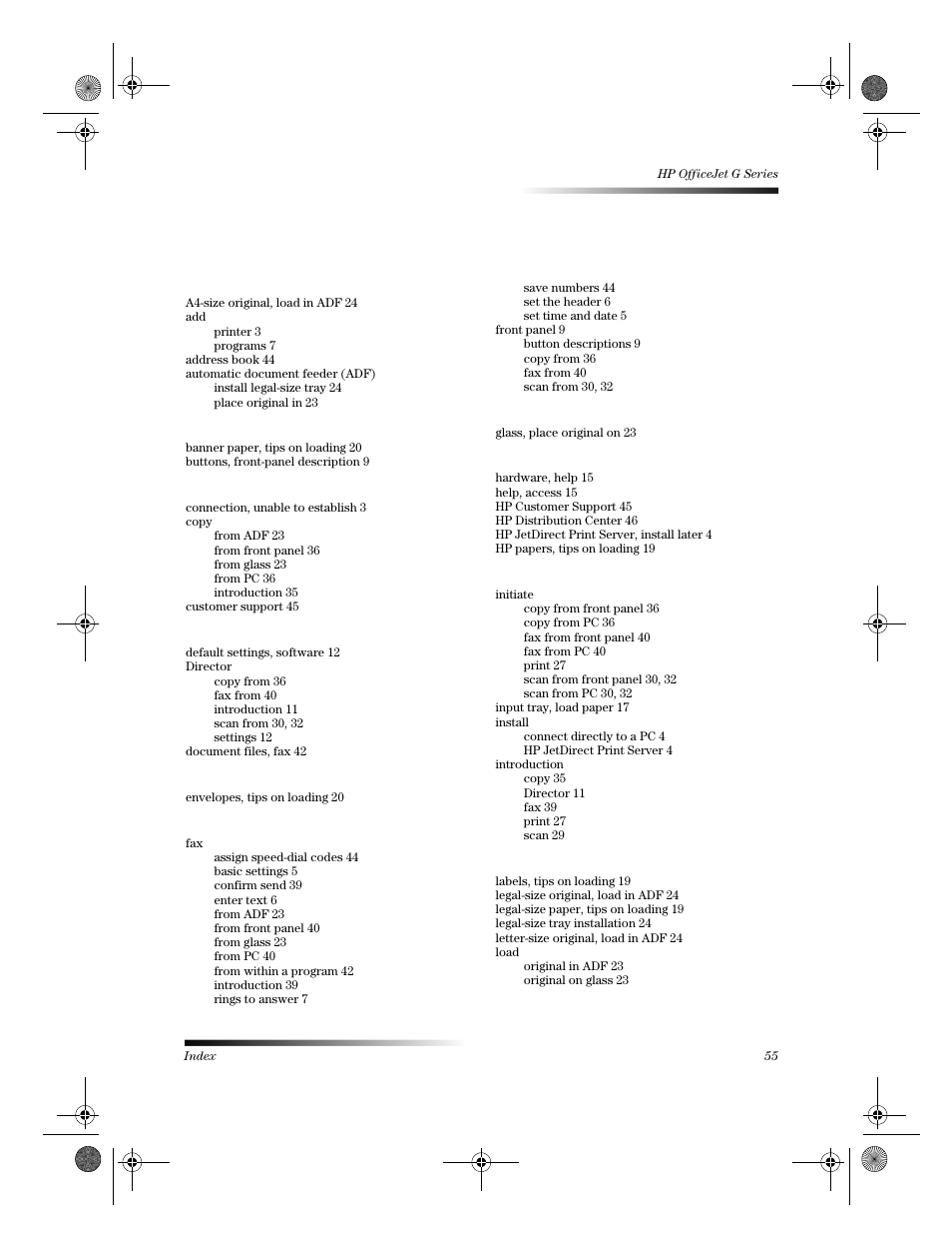 Index | HP Officejet g55 All-in-One Printer User Manual | Page 55 / 58