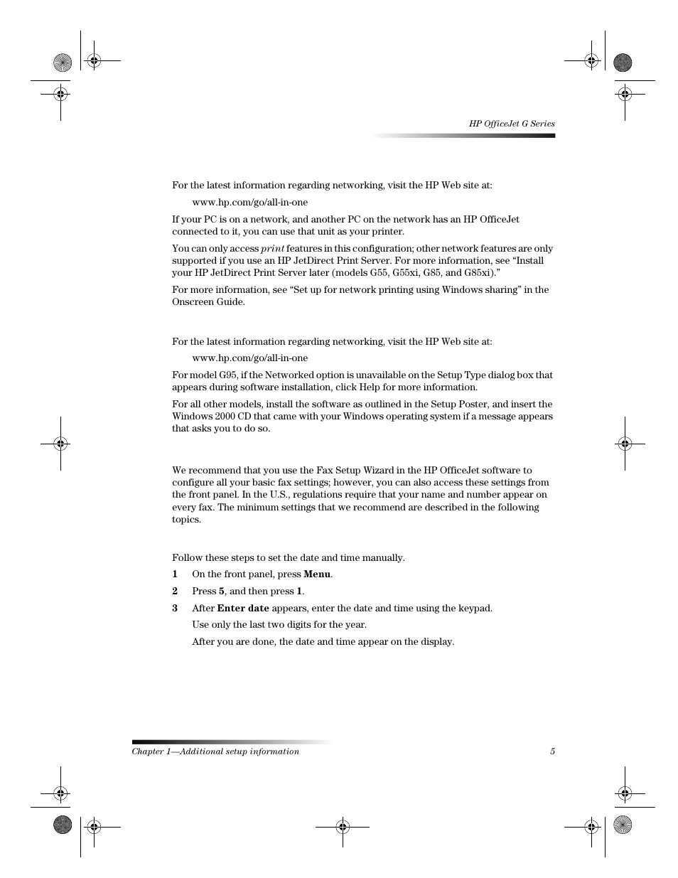 Set up for network printing using windows sharing, Use your hp officejet with windows 2000, Set basic fax settings using the front panel | HP Officejet g55 All-in-One Printer User Manual | Page 9 / 58