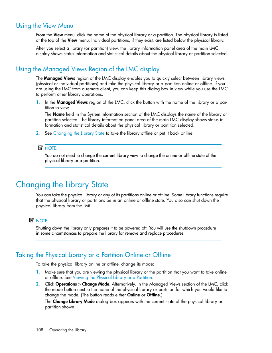 Using the view menu, Using the managed views region of the lmc display, Changing the library state | HP StoreEver ESL G3 Tape Libraries User Manual | Page 108 / 286