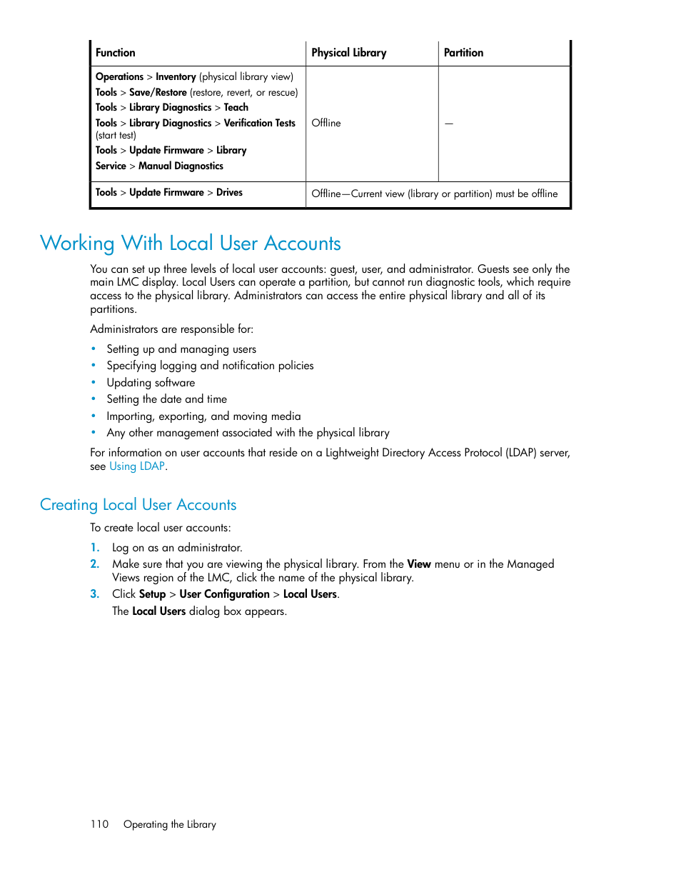 Working with local user accounts, Creating local user accounts | HP StoreEver ESL G3 Tape Libraries User Manual | Page 110 / 286