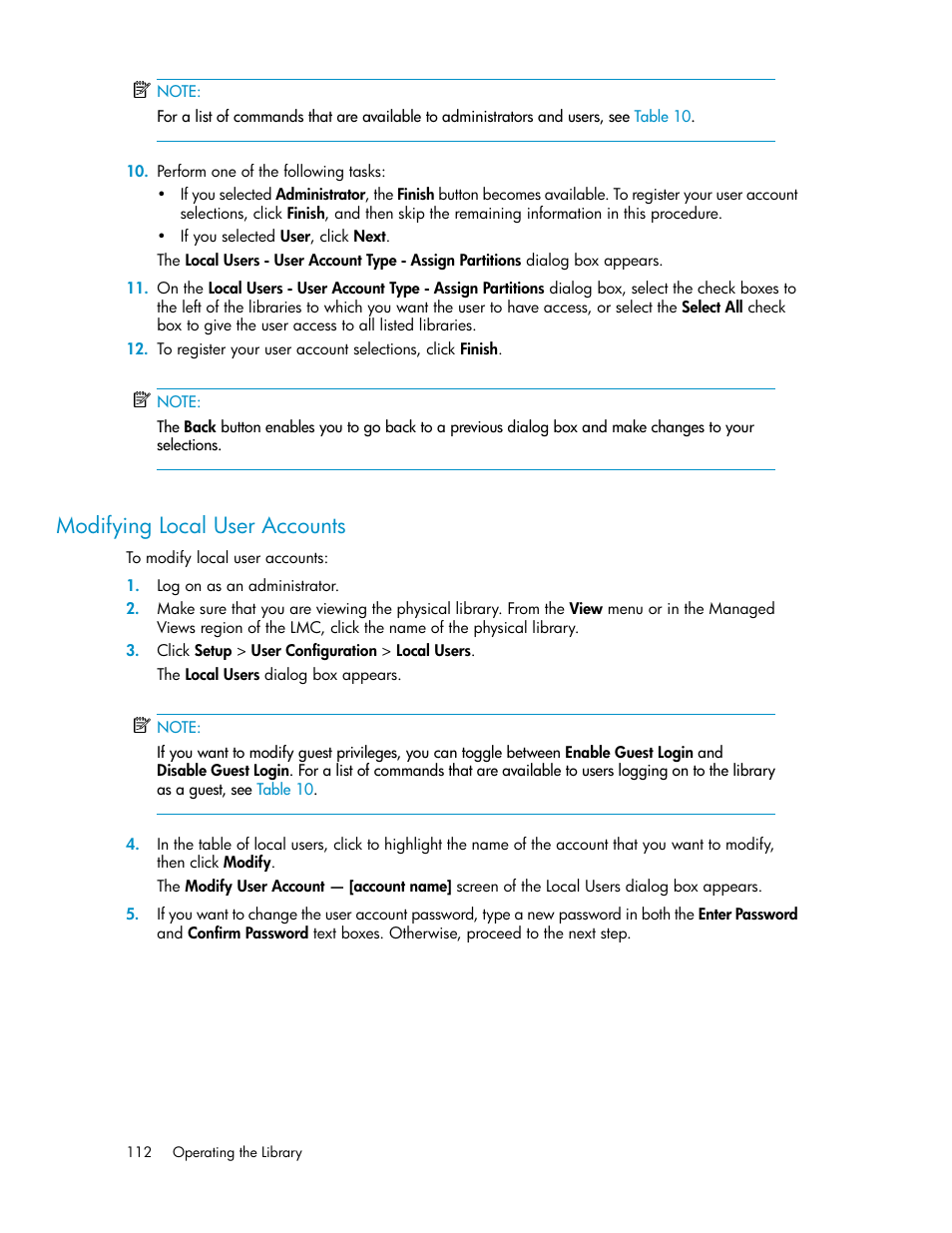 Modifying local user accounts | HP StoreEver ESL G3 Tape Libraries User Manual | Page 112 / 286