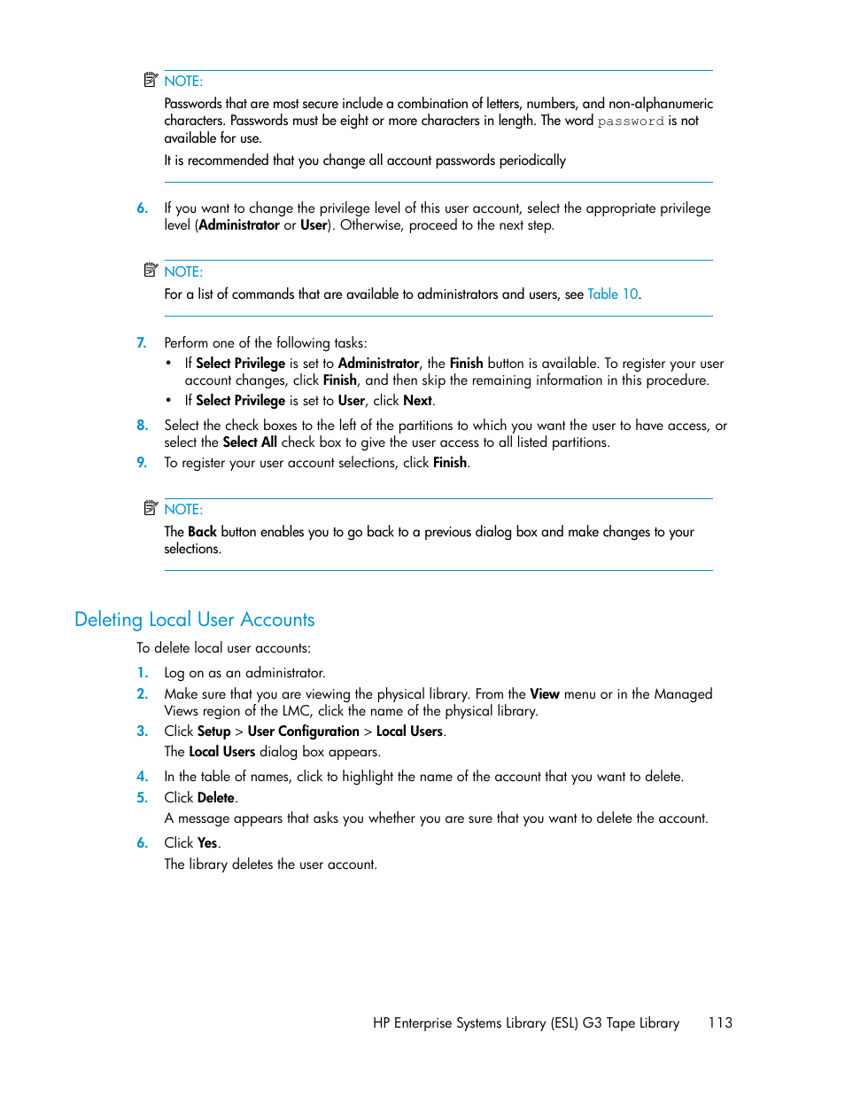 Deleting local user accounts | HP StoreEver ESL G3 Tape Libraries User Manual | Page 113 / 286