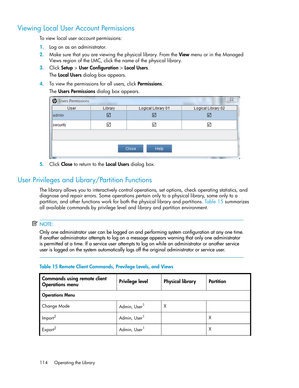 Viewing local user account permissions, User privileges and library/partition functions | HP StoreEver ESL G3 Tape Libraries User Manual | Page 114 / 286