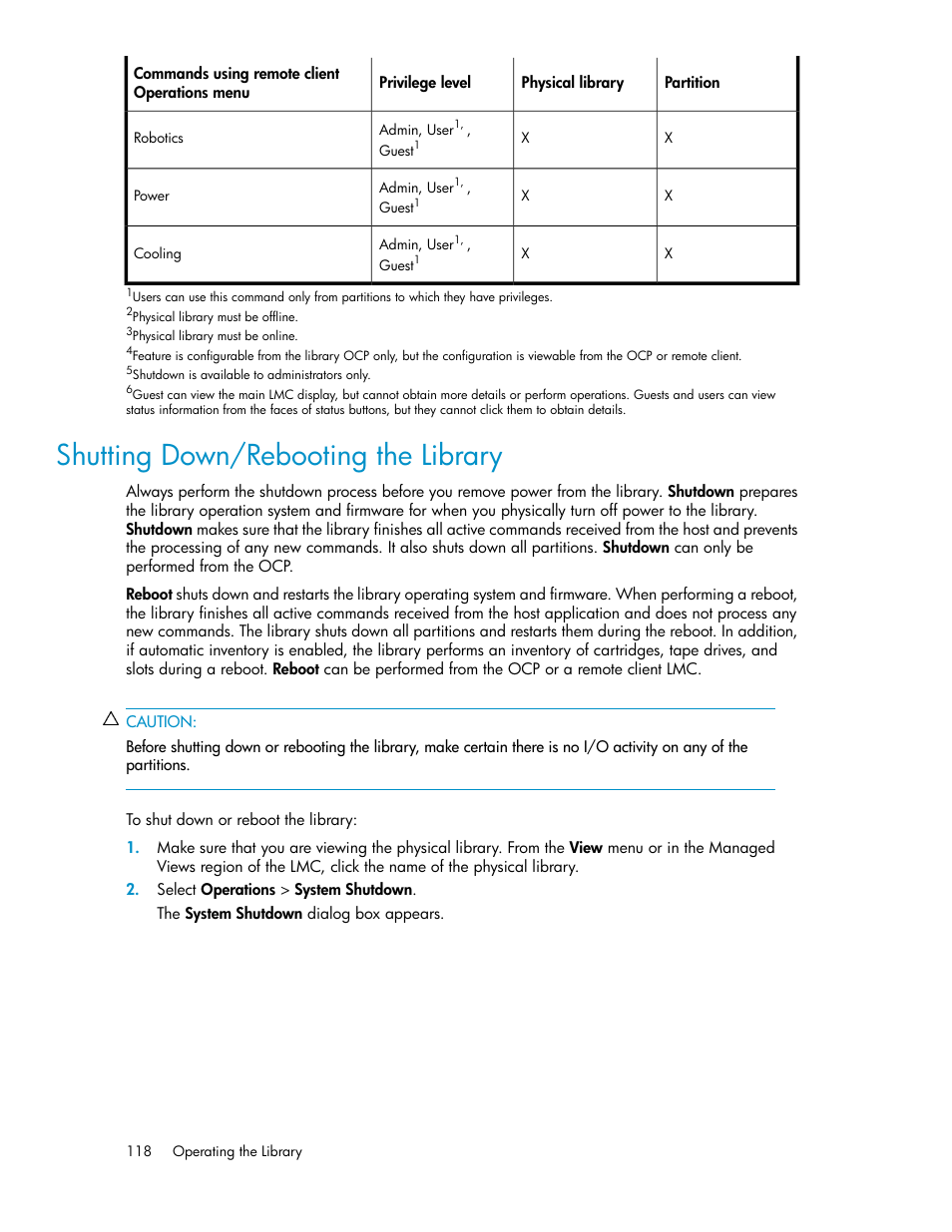 Shutting down/rebooting the library | HP StoreEver ESL G3 Tape Libraries User Manual | Page 118 / 286