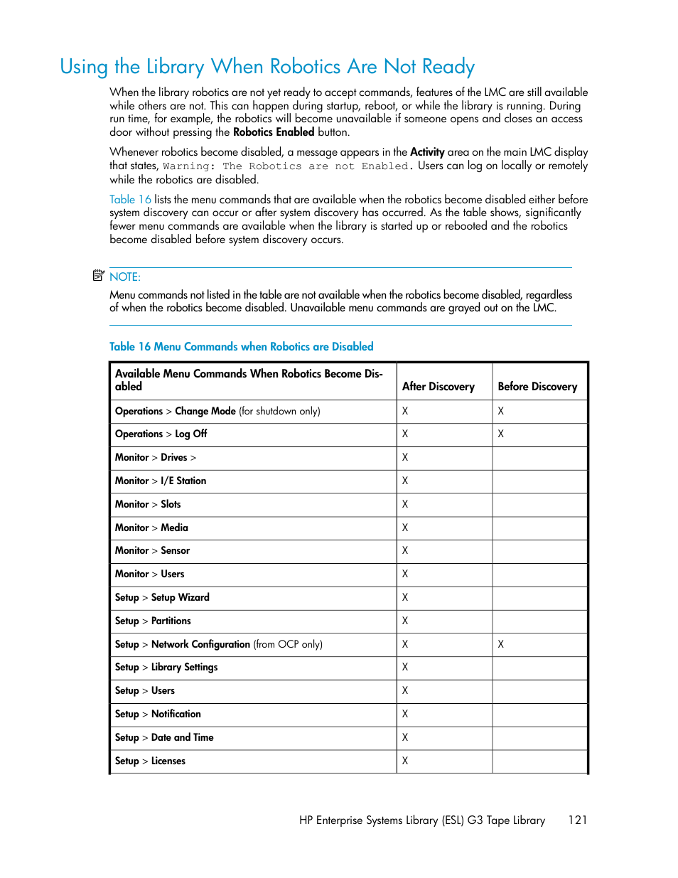 Using the library when robotics are not ready, Menu commands when robotics are disabled | HP StoreEver ESL G3 Tape Libraries User Manual | Page 121 / 286