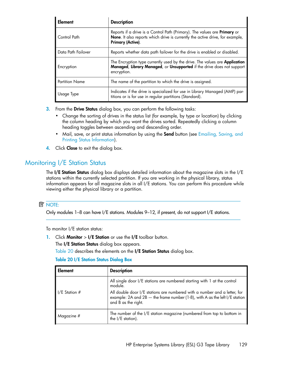 Monitoring i/e station status, I/e station status dialog box, Monitoring i/e station | Status | HP StoreEver ESL G3 Tape Libraries User Manual | Page 129 / 286