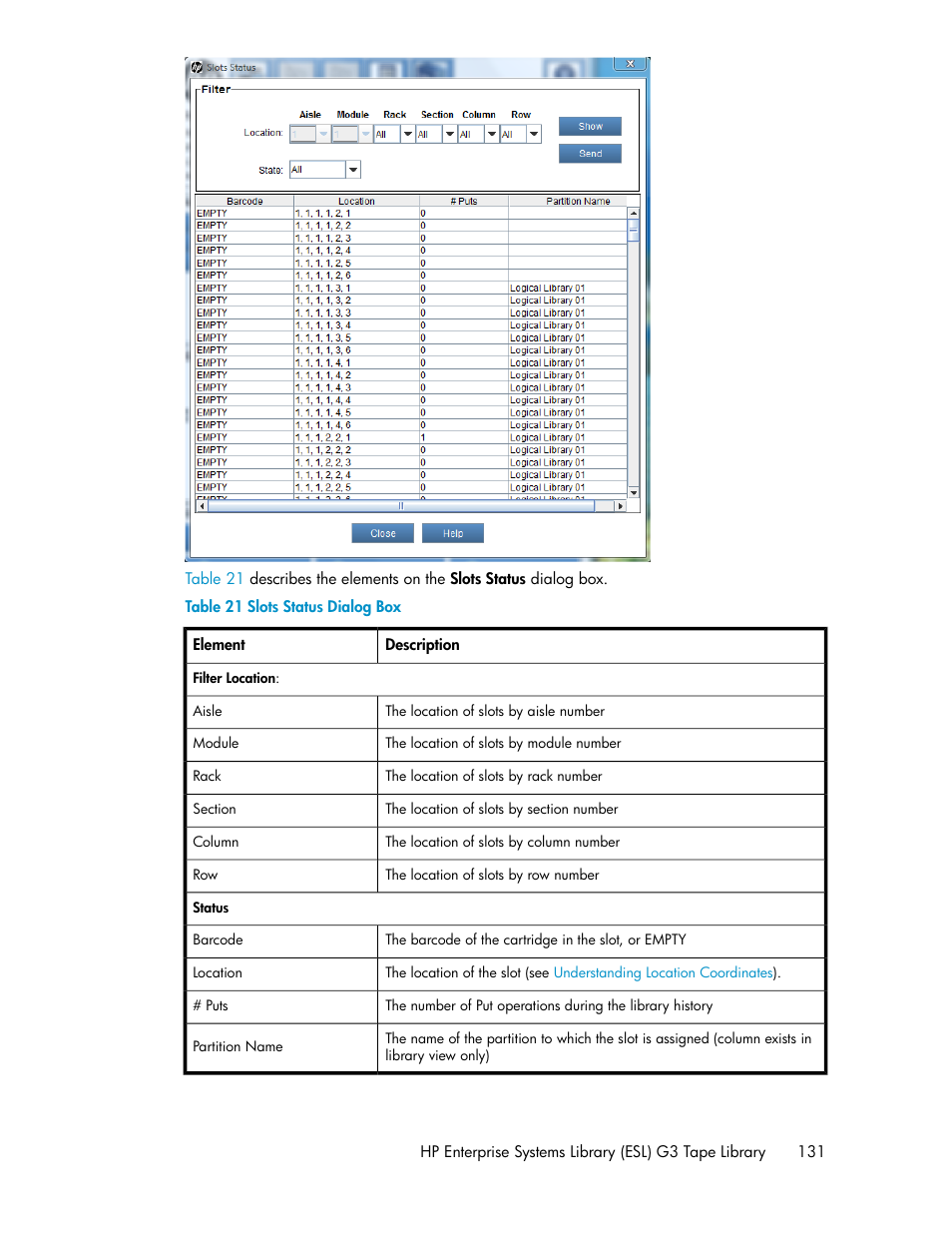 Slots status dialog box | HP StoreEver ESL G3 Tape Libraries User Manual | Page 131 / 286