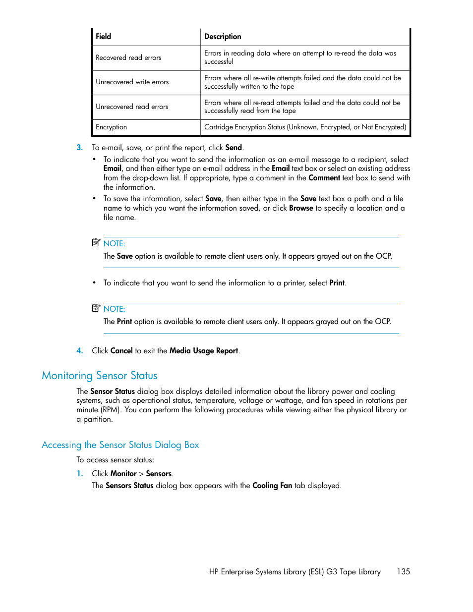 Monitoring sensor status, Accessing the sensor status dialog box | HP StoreEver ESL G3 Tape Libraries User Manual | Page 135 / 286