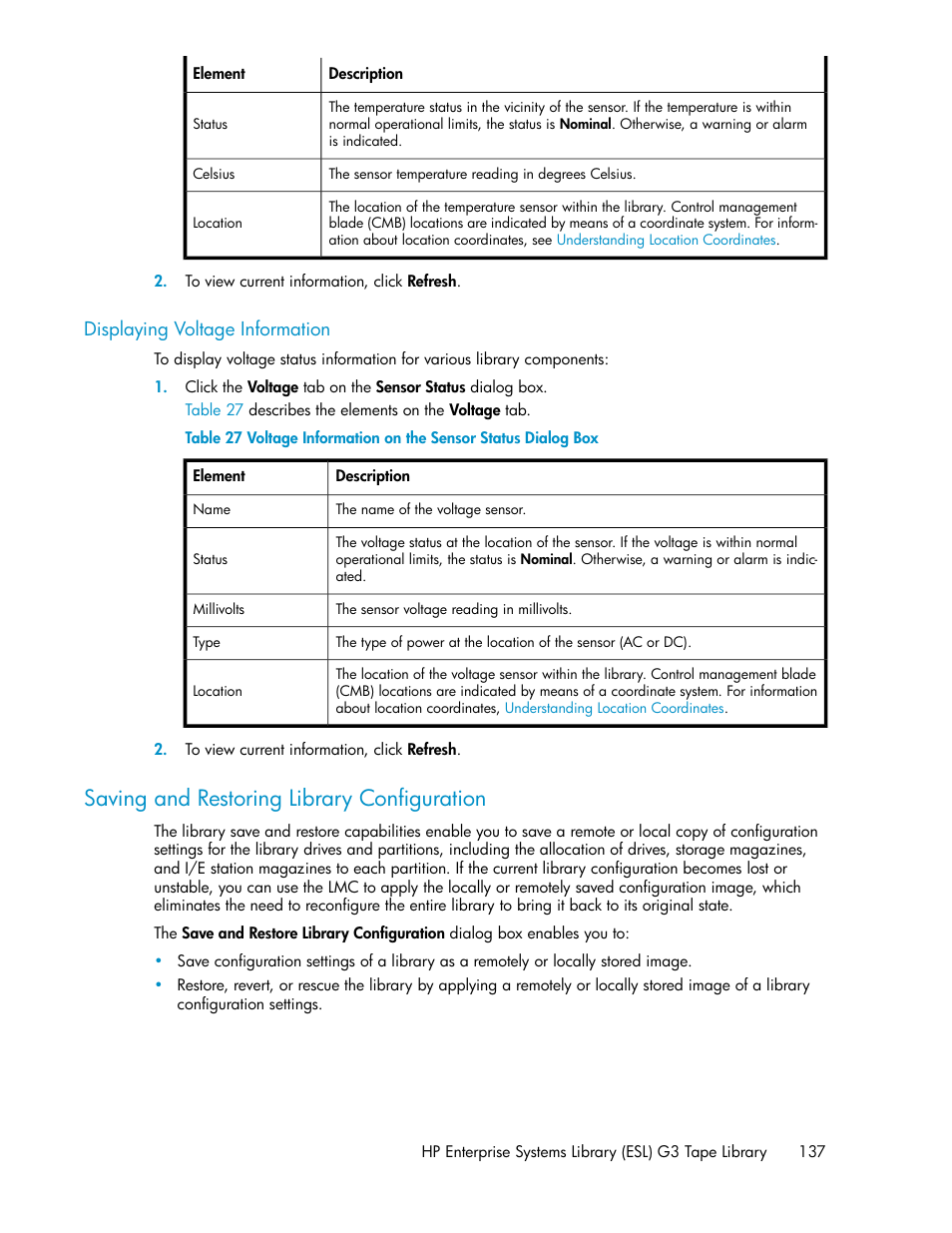 Displaying voltage information, Saving and restoring library configuration | HP StoreEver ESL G3 Tape Libraries User Manual | Page 137 / 286