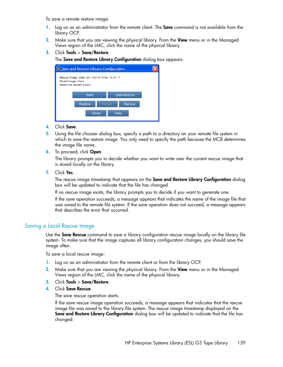 Saving a local rescue image | HP StoreEver ESL G3 Tape Libraries User Manual | Page 139 / 286