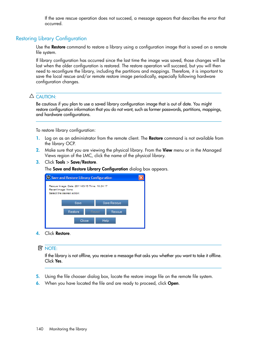 Restoring library configuration | HP StoreEver ESL G3 Tape Libraries User Manual | Page 140 / 286
