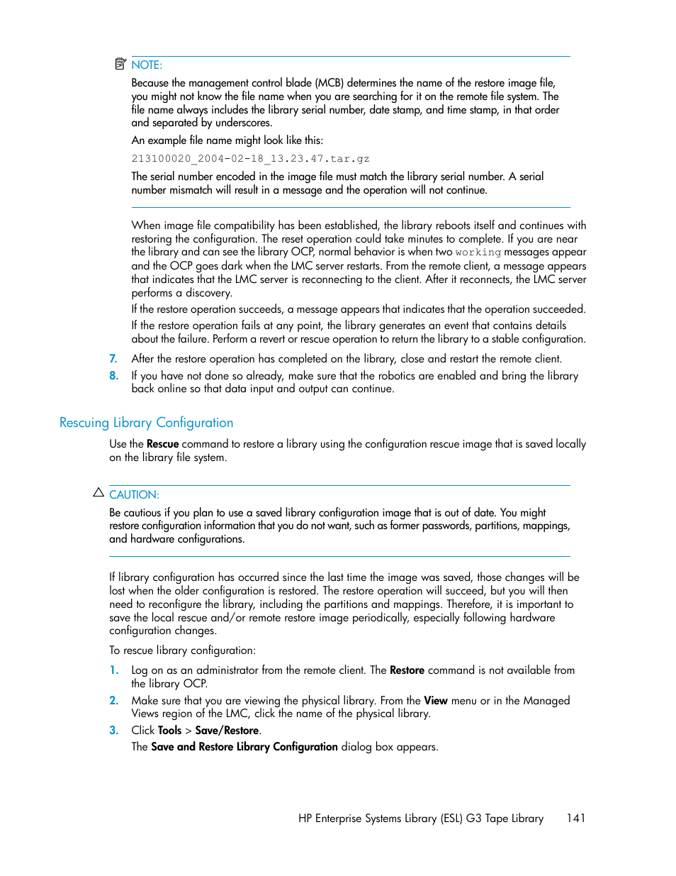 Rescuing library configuration | HP StoreEver ESL G3 Tape Libraries User Manual | Page 141 / 286