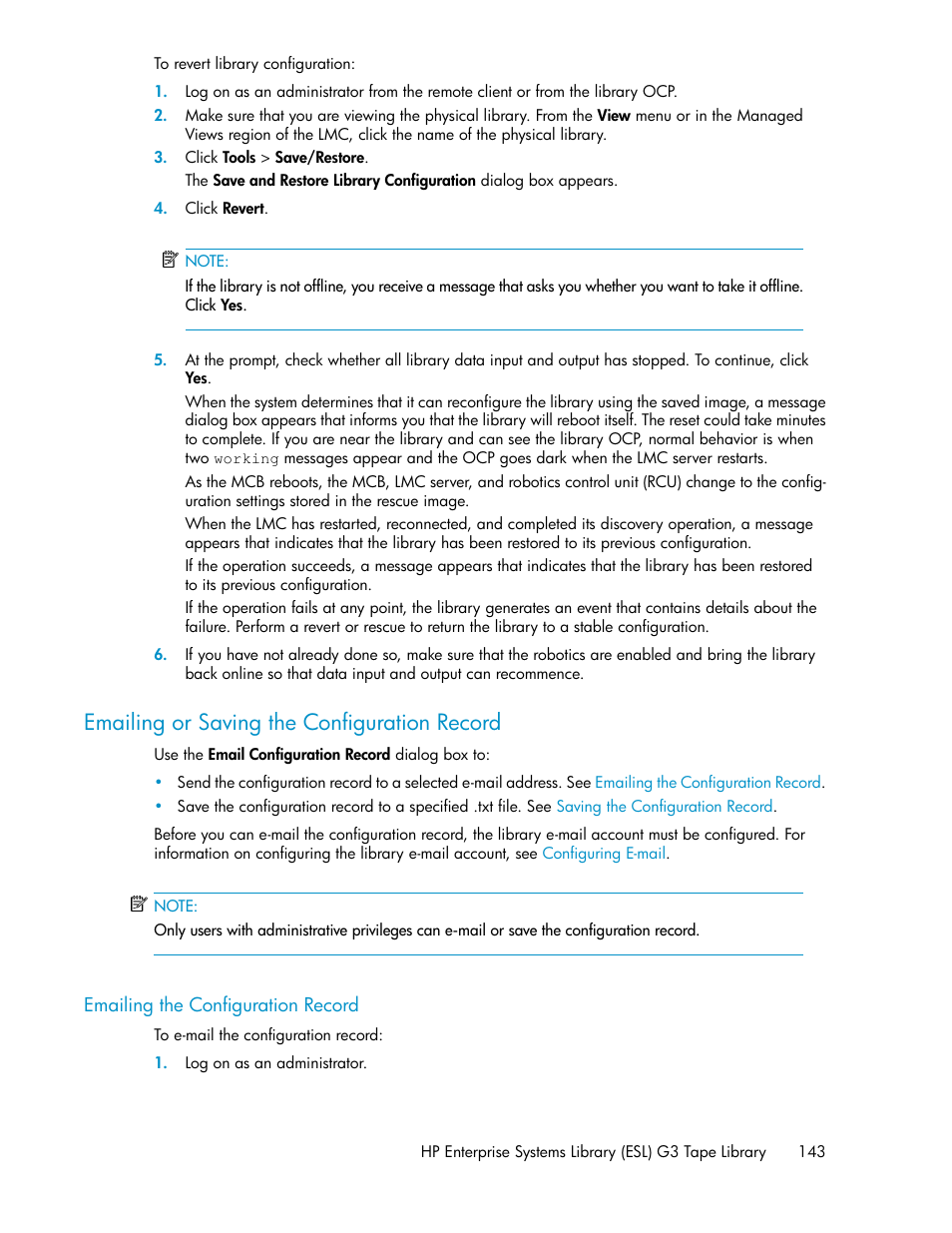 Emailing or saving the configuration record, Emailing the configuration record | HP StoreEver ESL G3 Tape Libraries User Manual | Page 143 / 286